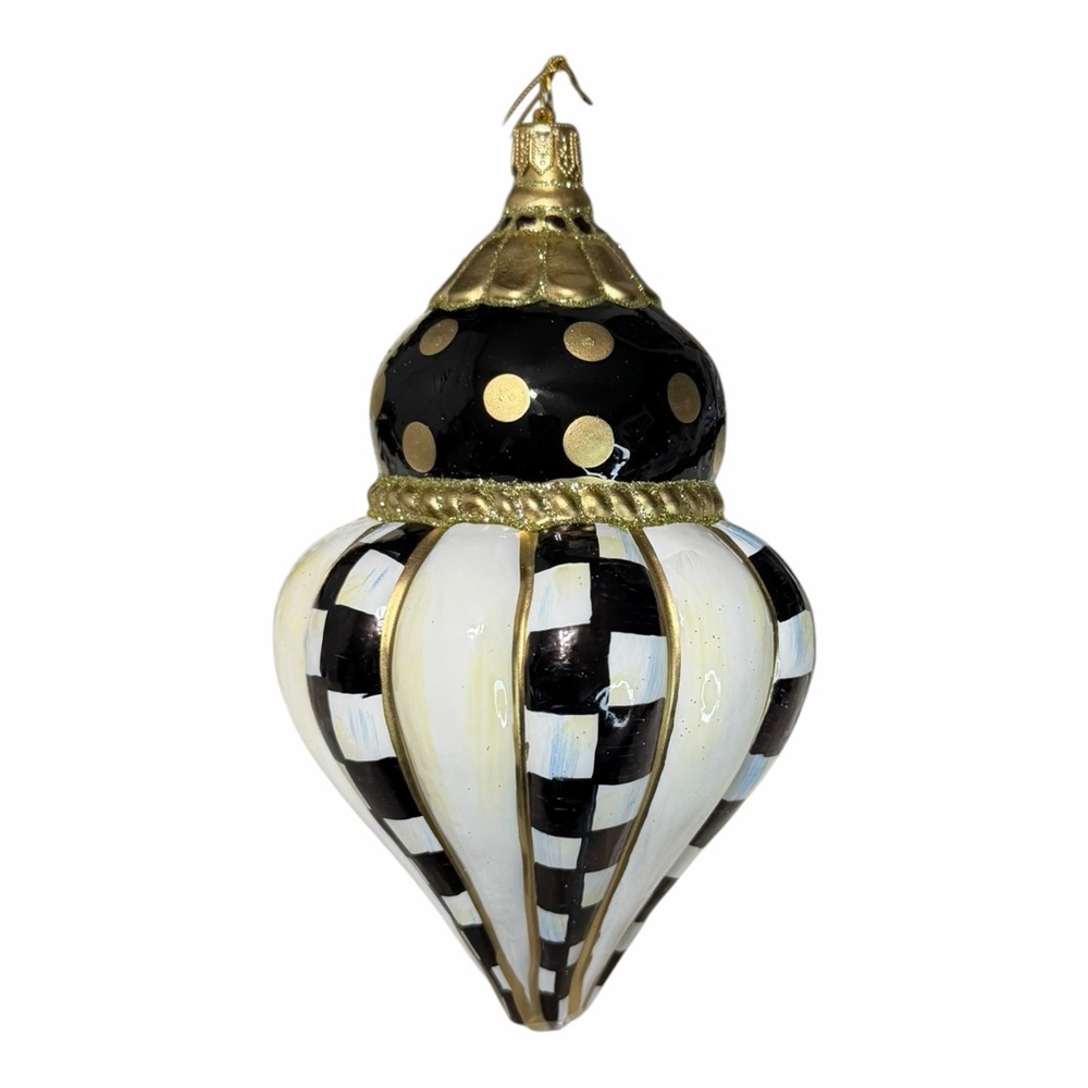 Mackenzie Childs Courtly Check Fluted Drop Glass Ornament NEW  Hand Painted